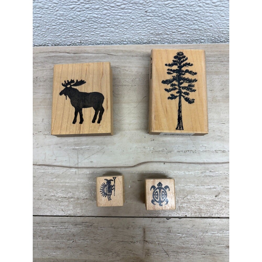 Set Of 4 Wood Mounted Rubber Stamps Mixed Themes
